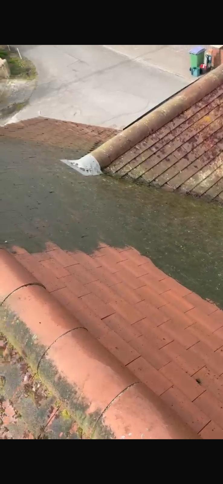 Roof being cleaned by Roofing company